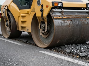 Close-angle shot of a road subbase being compacted by a drum roller on a German street, overcast daylight, layers of gravel and asphalt visible in cross-section at the trench edge