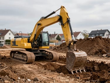 Wide shot of a tracked excavator mid-dig on a residential building site in Hesse, freshly excavated earth piled to the right, trench geometry clearly visible, morning overcast light