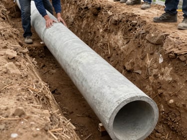 Overhead view of a freshly dug canal trench with concrete pipe segments being lowered into position, crew hands guiding the pipe, overcast natural light, clay soil walls visible