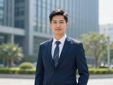 Professional portrait of a male mechanical engineer in business attire, looking approachable, clean professional photography, bright daylight, corporate blue and green tones, sharp focus.