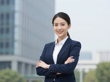Professional portrait of a female mechanical engineer in business attire, smiling confidently, clean professional photography, bright daylight, corporate blue and green tones, sharp focus.