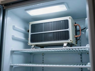 Interior of a commercial walk-in refrigerator, evaporator coil unit mounted overhead, stainless steel shelving in background, cool blue-white job-site light, condensation visible on copper lines