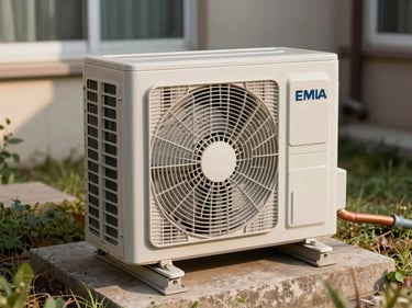 Close-up of a residential split-system air conditioning outdoor condenser unit mounted on a concrete pad, copper refrigerant lines visible, natural afternoon light, residential yard context
