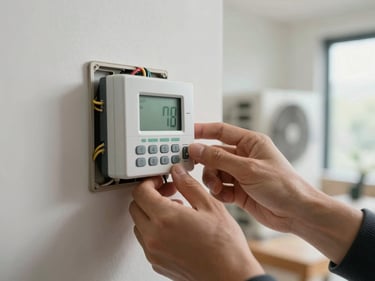 Hands adjusting a digital thermostat and control panel mounted on a wall, wiring exposed at the sides, natural indoor window light, out-of-focus HVAC equipment in background