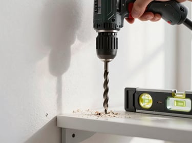 Close-up of a shelf bracket being drilled into a wall, drill bit entering clean white plaster, sawdust catching window light, level resting on the shelf beside it