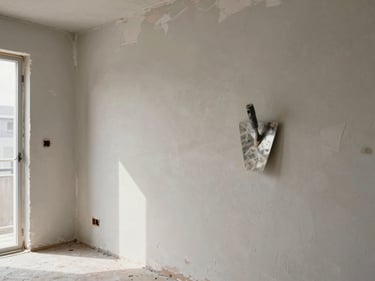 Wide environmental shot of a freshly plastered wall in progress, trowel resting against the surface, natural daylight from an open doorway illuminating the texture