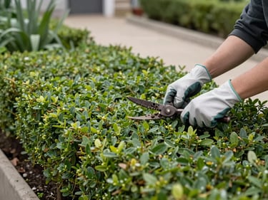 Wide shot of a small urban garden being tended, gloved hands pruning a low hedge, soft diffused daylight on green foliage, tidy path visible in background