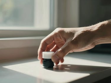 A single sharp frame from a short brand film — a hand placing a product on a surface mid-motion, natural light streaming through a window, motion blur on the fingers, subject in focus