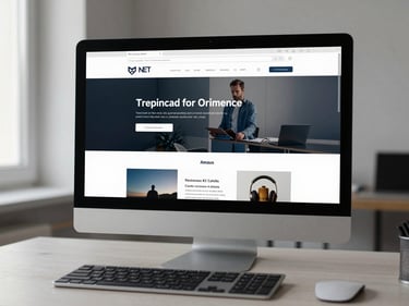 A well-designed website displayed on a desktop monitor sitting on a minimal desk, natural side-light, the screen sharp and centered in frame, keyboard slightly out of focus in foreground