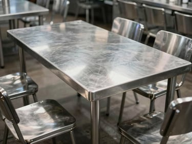 Wide environmental shot of a commercial stainless steel dining table in situ, chairs pulled back, table surface reflecting overhead task lighting that reveals the brushed grain pattern and welded leg joints