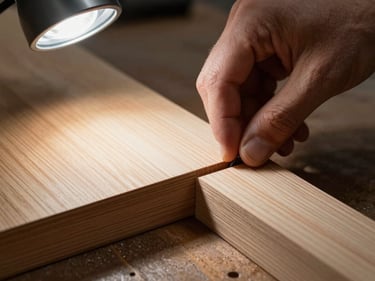 Macro close-up of a hand positioning a wood panel into a precision-routed dado joint on a workbench, task light raking across the surface to emphasize grain texture and cut quality