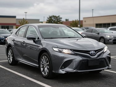 2020 Toyota Camry, dark gray, parked in a transaction lot under natural overcast light, three-quarter front view, journalism style