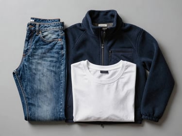 Flat-lay overhead shot of folded clothing items — jeans, a fleece jacket, and a t-shirt stacked on a neutral gray surface, bright even studio lighting, no lifestyle context, utilitarian product arrangement