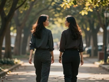 Two women walking side by side outdoors on a tree-lined path, mid-conversation, golden hour light filtering through leaves, relaxed pace, documentary medium shot from behind