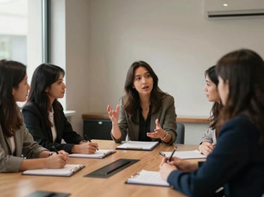 Small group of women around a conference table in a real meeting room, one woman gesturing mid-sentence, warm window light from the left, documentary medium shot