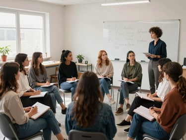 Women seated in a circle in a bright workshop room, notebooks open, one facilitator standing near a whiteboard, natural light, candid wide shot of the group engaged in discussion