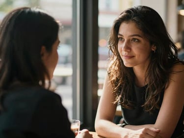 Close-up of two women mid-conversation at a café table, one leaning forward with hands clasped, natural window light falling across their faces, warm afternoon glow, candid documentary framing