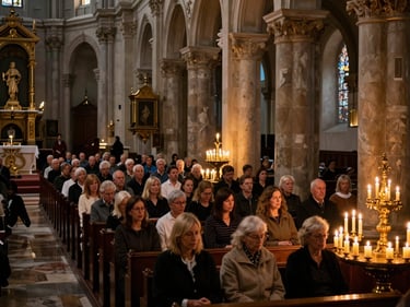 Wide interior of a church filled with congregation, golden candlelight illuminating the space from the right side, devotional atmosphere, warm tones against deep shadows