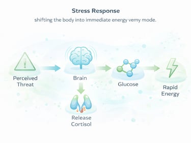 Stress response diagram showing cortisol release, rising blood glucose, and rapid energy.