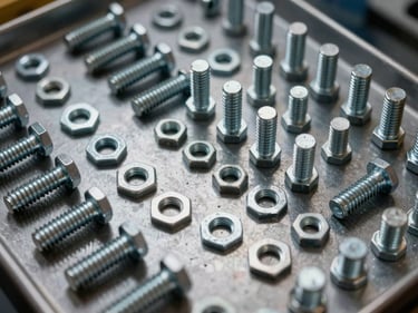 Close-up overhead catalog shot of organized hardware supplies — rows of hex bolts, flat washers, and assorted fasteners arranged by size on a dark steel surface, raking side light revealing thread detail and zinc finish, no hands, no text