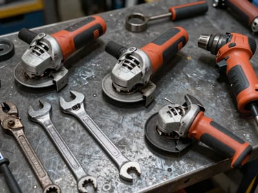 Overhead catalog shot of heavy-duty industrial tools — angle grinders, pipe wrenches, and drill machines laid out on a dark steel workbench, hard raking side light revealing metal casing texture and wear marks, no people, no text