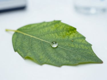 Macro shot of a targeted chemical droplet on a pest-resistant leaf, clean laboratory background, 35mm