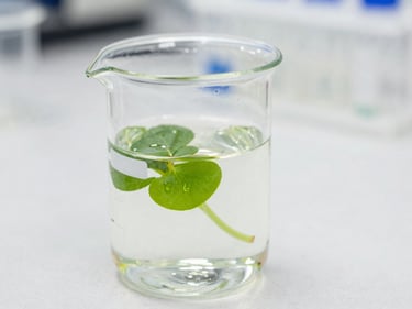 Organic bio-active liquid formulation being measured in a clear glass beaker, clean lab setting