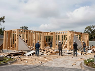 Wide-angle site photo of a residential demolition in progress, crew removing old wood-frame wall sections, debris staged on driveway, overcast natural light