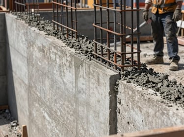 Close-up of a concrete foundation wall being poured, rebar visible through fresh concrete, crew member working at the form edge, natural daylight on a job site