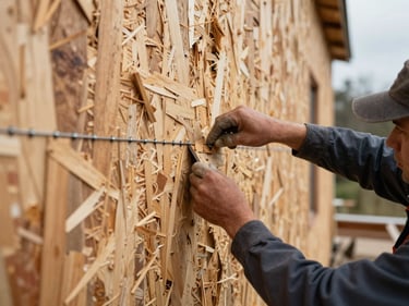 Detail shot of a crew member patching a section of damaged exterior wall sheathing, new OSB panel being nailed in place, job-site surroundings visible, overcast daylight