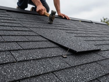 Close-up of new asphalt shingles being nailed to a residential roof deck, natural overcast daylight, crew hands and hammer visible at upper edge