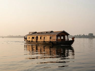 Wide panoramic shot of a traditional luxury wooden houseboat cruising calm Kerala backwaters, soft morning mist, warm low sun