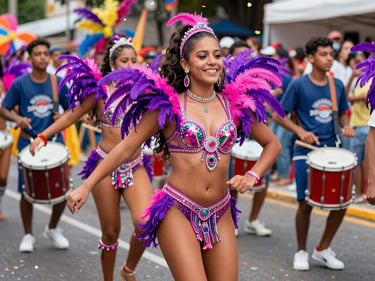 Tight action shot, samba batucada drummers performing in unison at a festival activation, theatrical stage lighting in deep magenta and amber, hands on drums frozen mid-strike, low-angle framing emphasizing rhythm and power