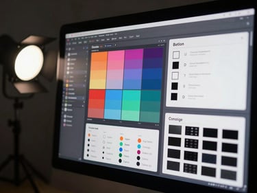 Close-up detail shot of a digital brand system on a monitor screen — UI kit components, color token grid, and typeface hierarchy displayed on screen, lit by a single studio strobe, no reflections, matte background