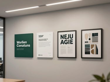 Environmental wide shot of a brand identity applied to an office interior — wall signage, printed brand manual, and framed type specimen on a neutral wall under controlled strobe light, clean architectural framing