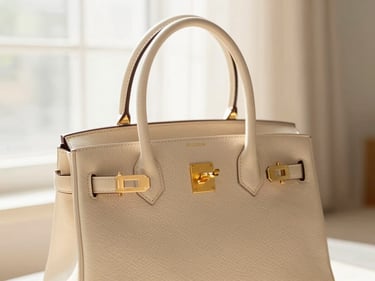 Warm editorial photography of a minimalist cream leather handbag with gold hardware, soft morning window light, shallow depth of field, 35mm