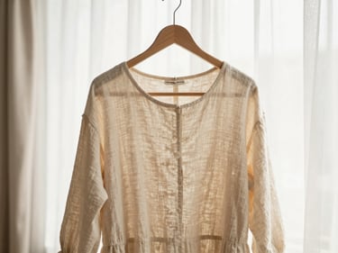 Warm editorial photography of a neutral-toned linen dress on a wooden hanger, soft morning window light, shallow depth of field, 35mm