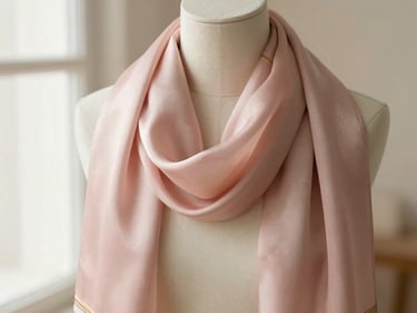 Warm editorial photography of a soft pink silk scarf draped elegantly, catching soft morning window light, shallow depth of field, 35mm