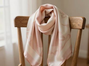 An elegant silk scarf with soft pink and cream patterns draped gently over a wooden chair.