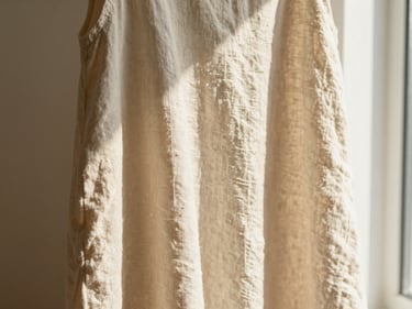 Close-up of a premium cream-colored linen dress hanging in warm morning window light, soft shadows.