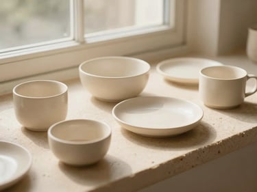 Warm editorial photography of curated lifestyle accessories on a beige stone surface, soft morning window light, shallow depth of field, 35mm