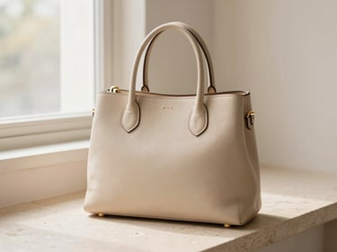 A minimalist beige leather handbag with subtle gold hardware sitting on a light stone surface.