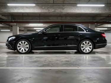 Wide three-quarter front profile of a black luxury sedan parked in a clean underground parking structure, crisp studio-quality lighting from overhead, no people