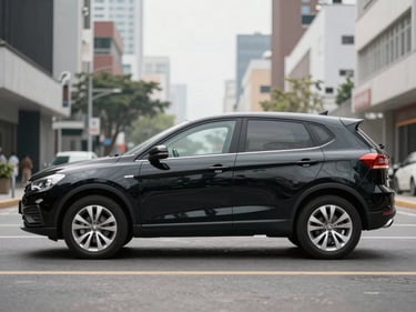 Wide three-quarter front profile of a black compact SUV parked on a clean empty city street, bright overcast daylight, no people, urban background softly out of focus