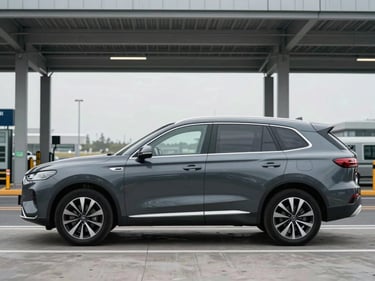 Wide three-quarter front profile of a dark gray full-size SUV parked at a modern airport drop-off lane, clean studio-quality overcast lighting, no people