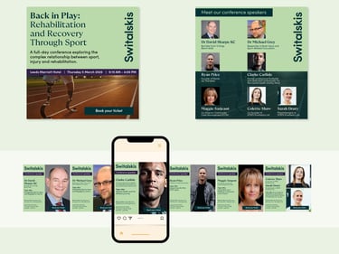 Promotional graphics for Switalskis’ ‘Back in Play’ conference, featuring event details, speakers,