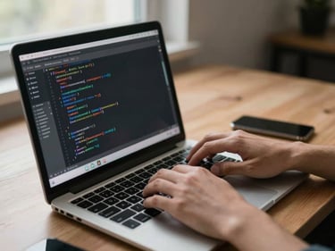 Developer's hands typing code on a laptop at a desk, code visible on screen with real project files open, natural daylight from a side window, tight documentary framing