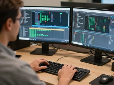 Close-up over-the-shoulder shot of an engineer's hands on a keyboard, multiple monitors showing network monitoring dashboards, warm office ambient light, documentary framing