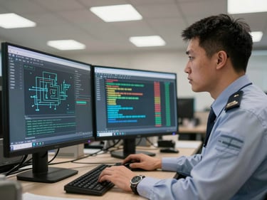 Security analyst at a workstation, dual monitors showing network topology and alert logs, focused expression, overhead office light, candid documentary angle
