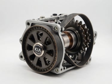 Close-up of a KIA engine component — timing belt and cam gear assembly on a white studio surface, clean studio strobe lighting, precise mechanical detail, no background clutter